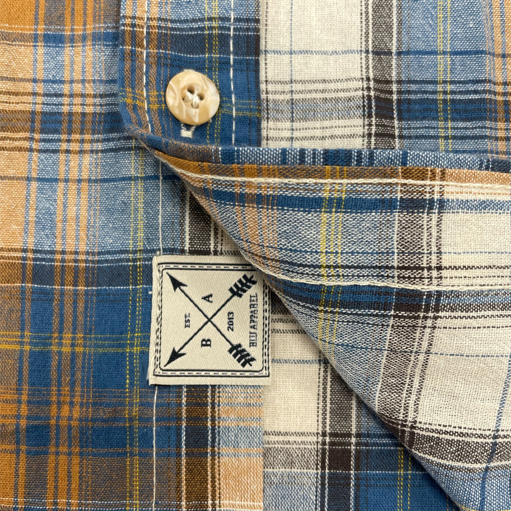 Men's Long Sleeve Checked Cotton Shirt - Blue / Tan