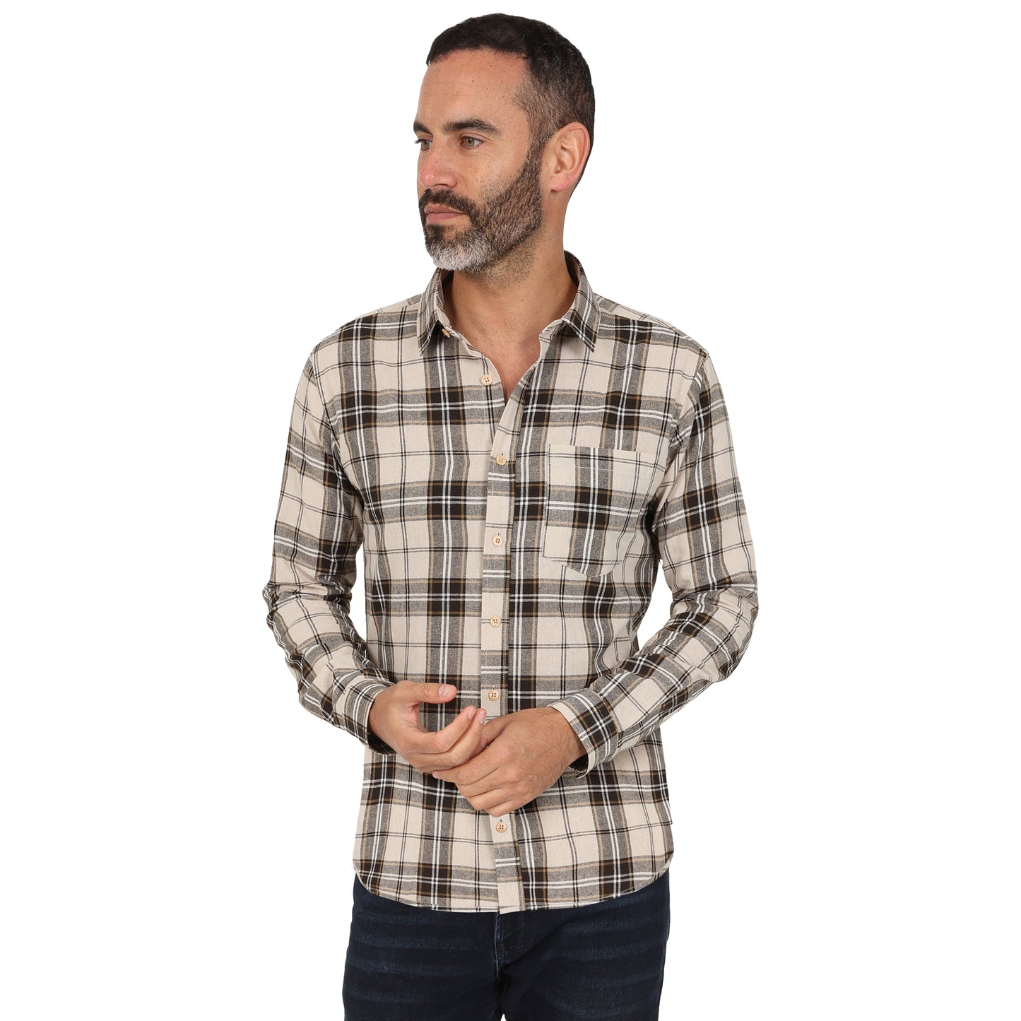 Men's Long Sleeve Checked Cotton Shirt - Brown / Beige