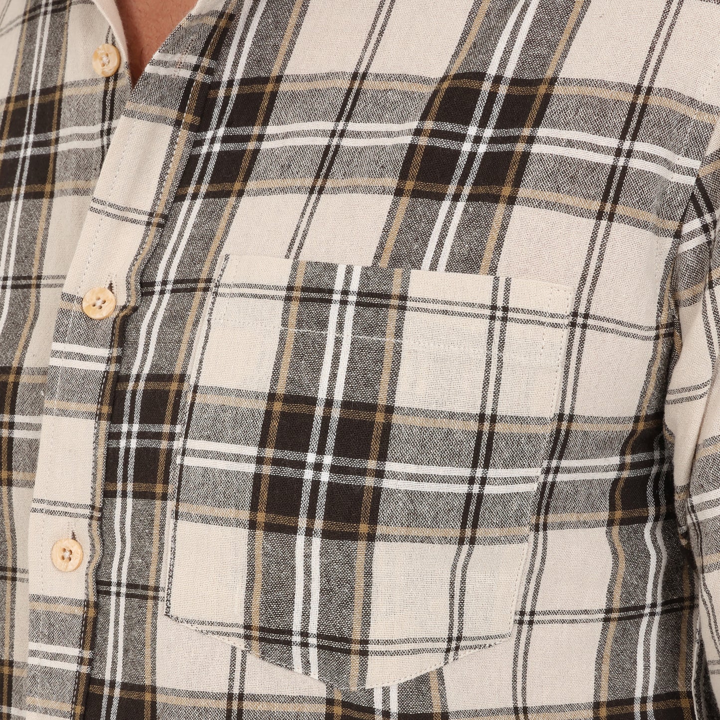 Men's Long Sleeve Checked Cotton Shirt - Brown / Beige