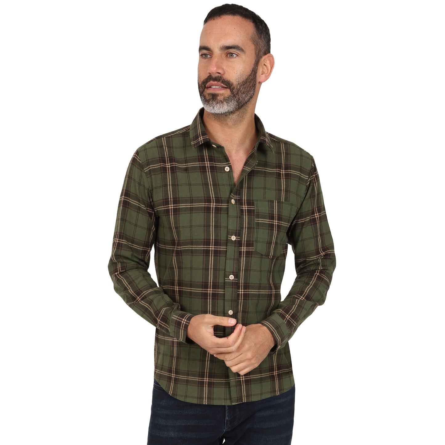Men's Long Sleeve Checked Cotton Shirt - Green / Navy