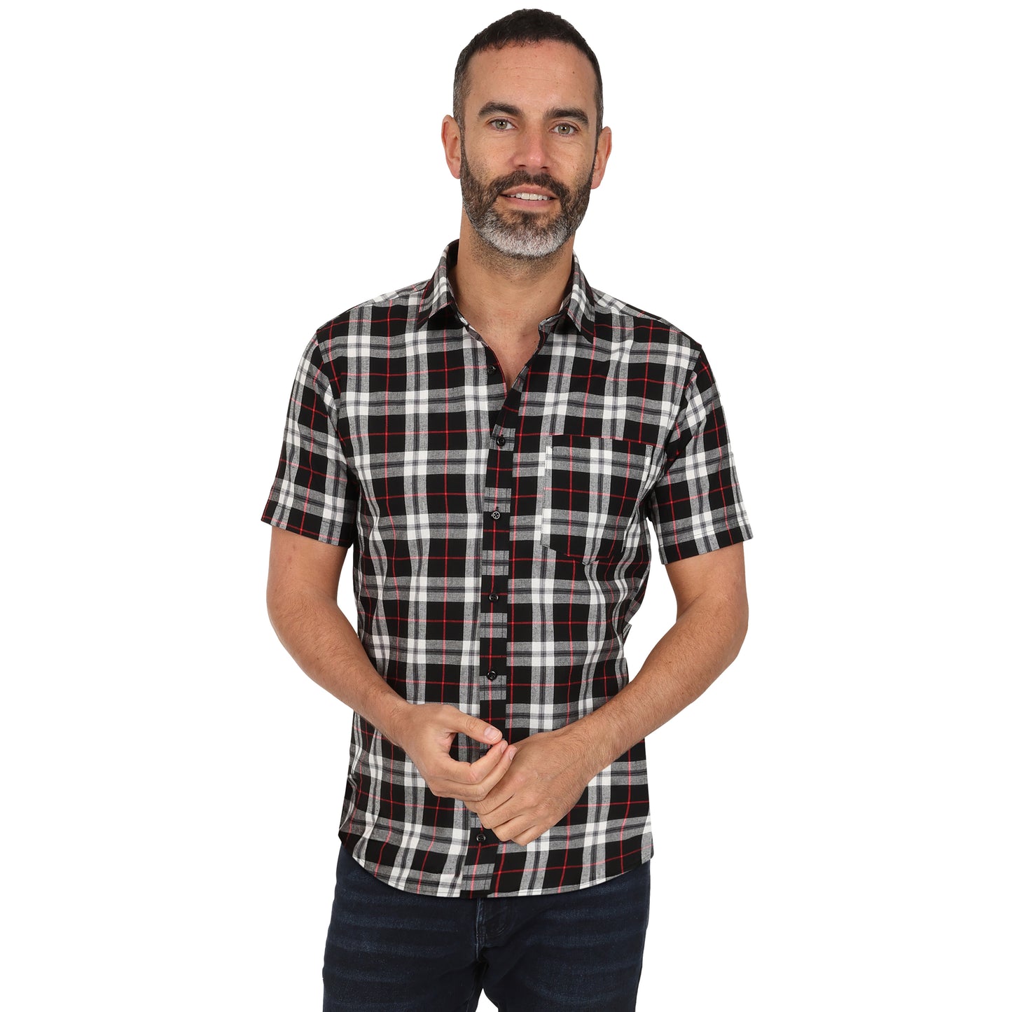 Men's Short Sleeve Checked Cotton Shirt - Black / Red