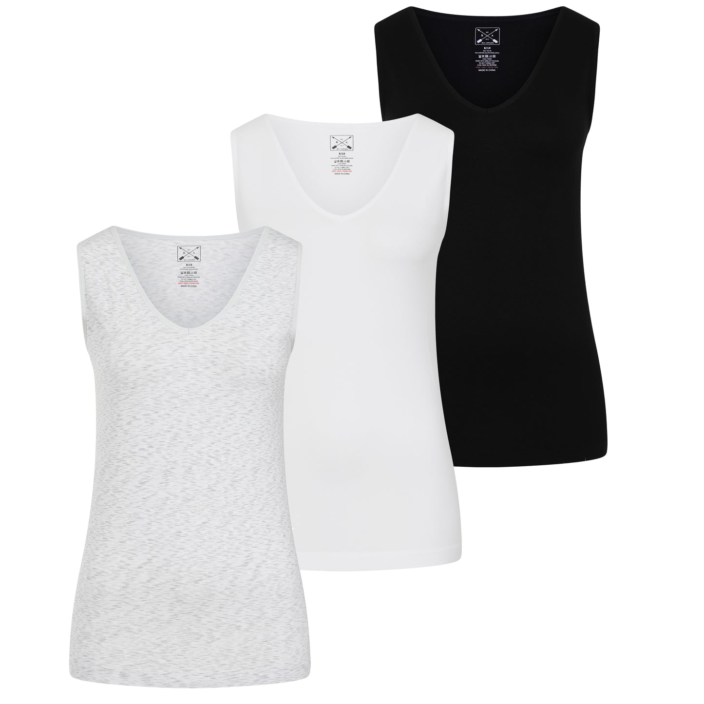 3 Pack Wide Strap Seamless V Neck Vest - Black / White / Grey