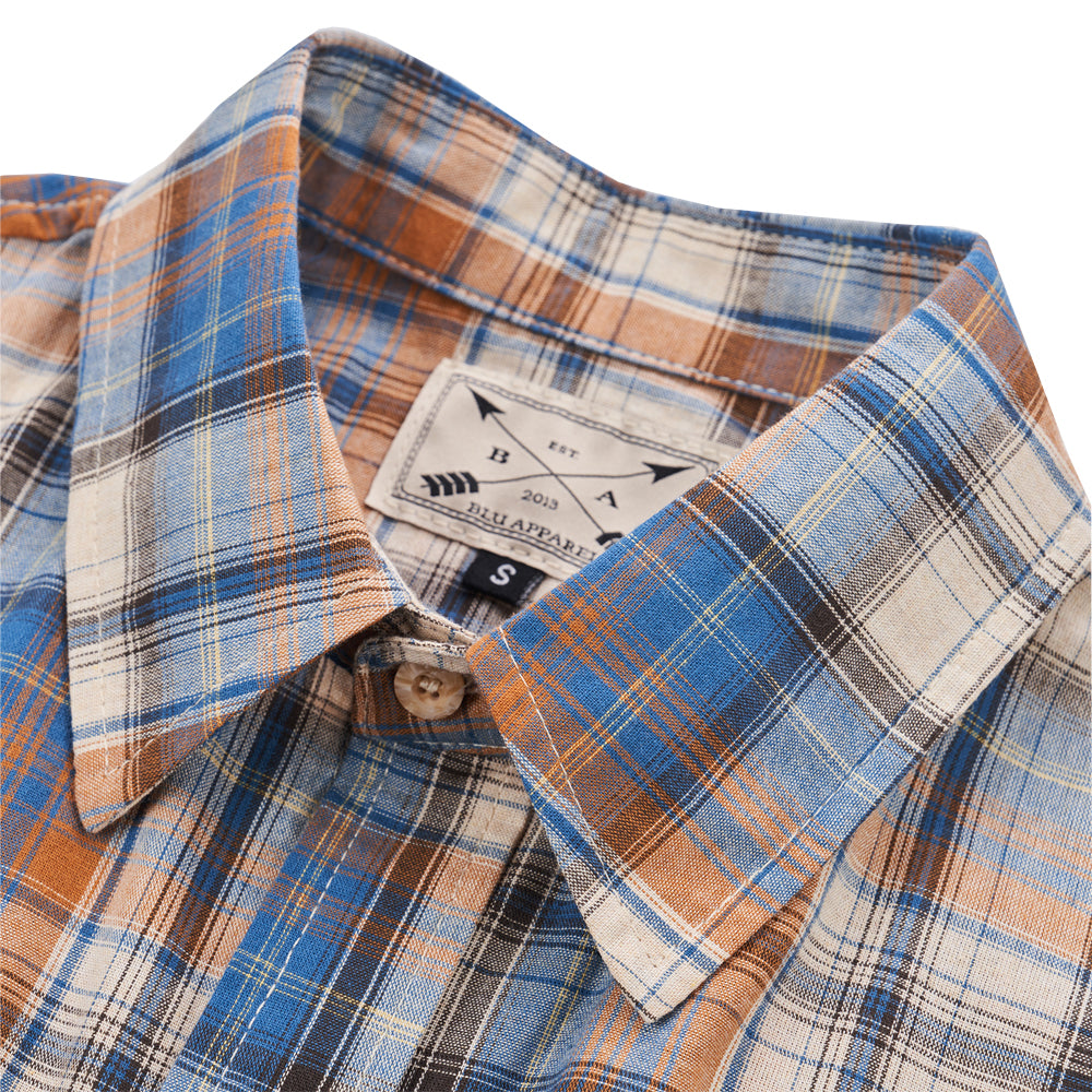 Men's Short Sleeve Checked Cotton Shirt - Blue / Tan