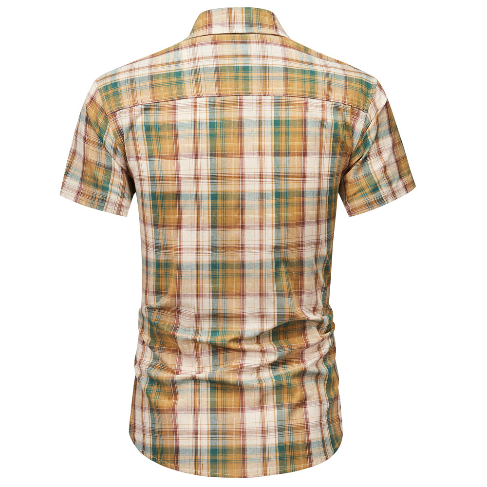 Men's Short Sleeve Checked Cotton Shirt - Green / Brown