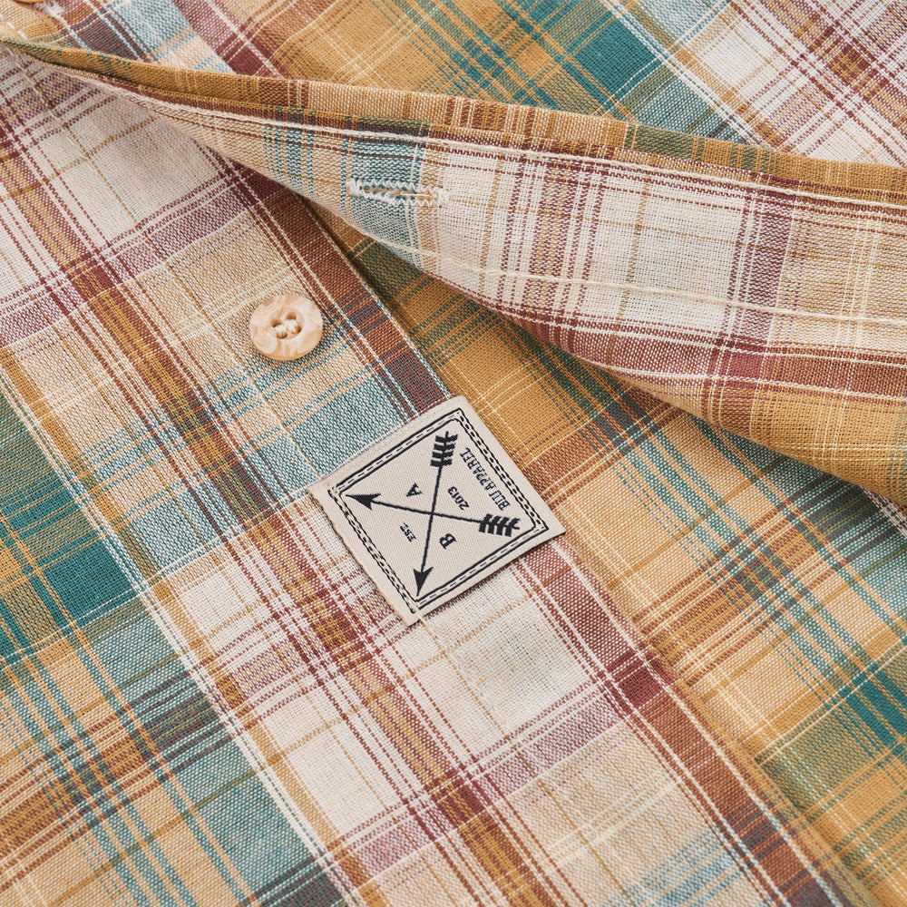 Men's Short Sleeve Checked Cotton Shirt - Green / Brown