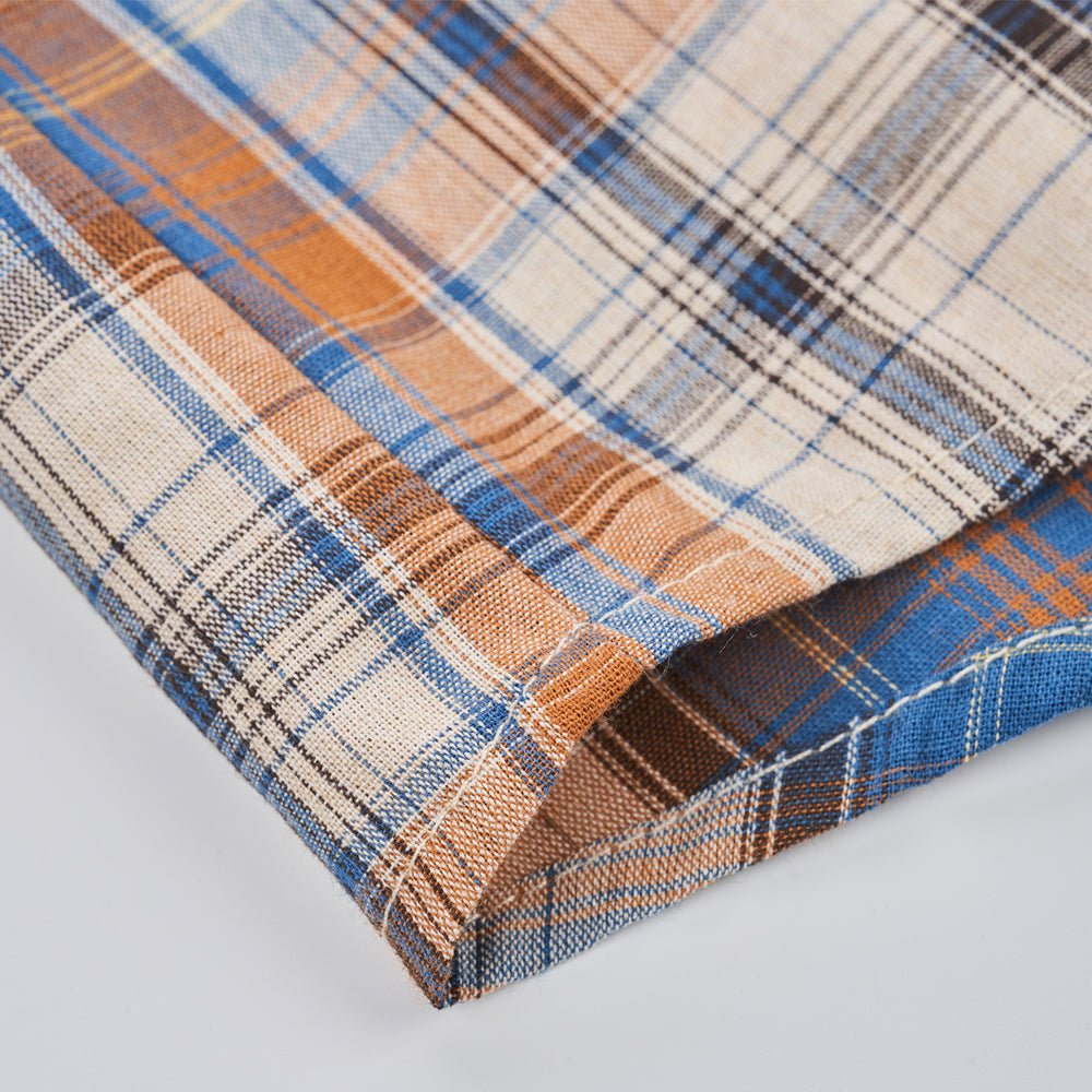Men's Short Sleeve Checked Cotton Shirt - Blue / Tan