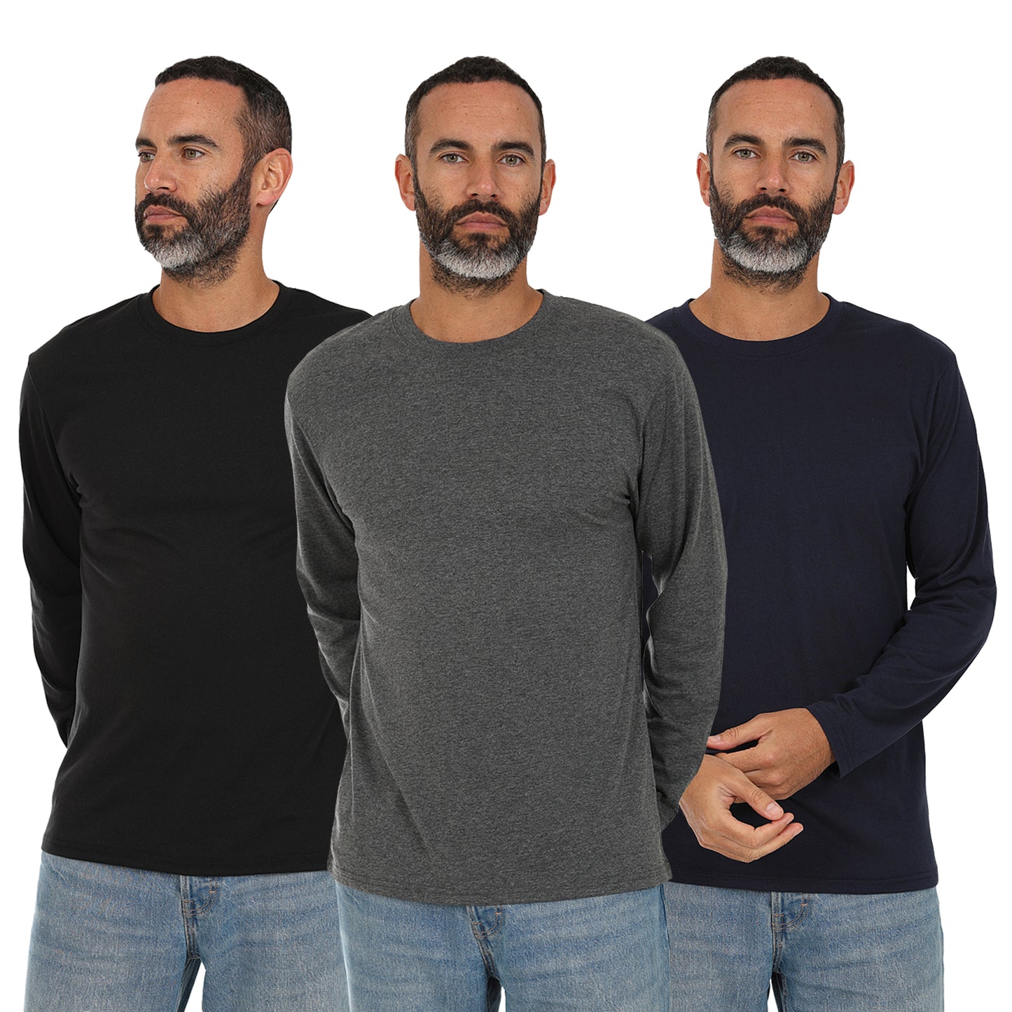 Men's 3 Pack Plain Long Sleeve Crew Neck T-Shirts