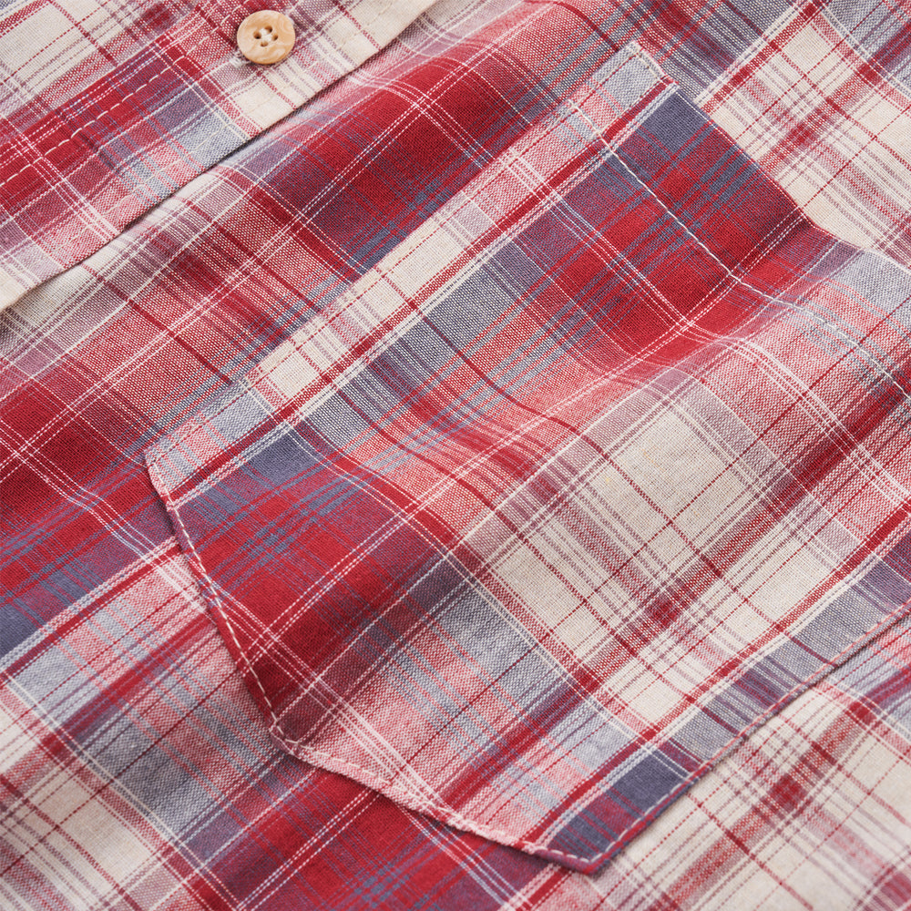 Men's Short Sleeve Checked Cotton Shirt - Red / Ecru