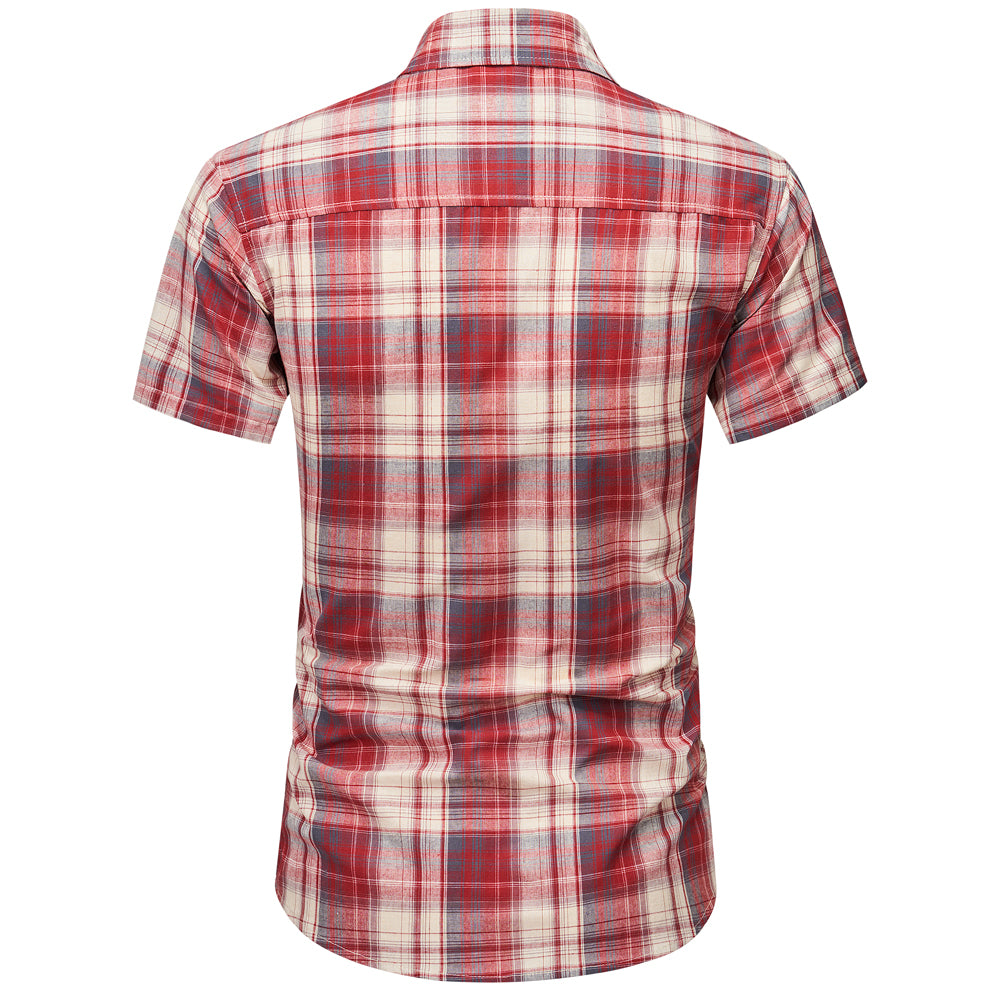 Men's Short Sleeve Checked Cotton Shirt - Red / Ecru