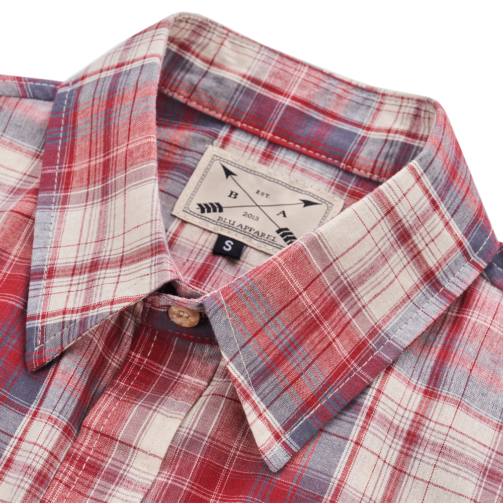Men's Short Sleeve Checked Cotton Shirt - Red / Ecru
