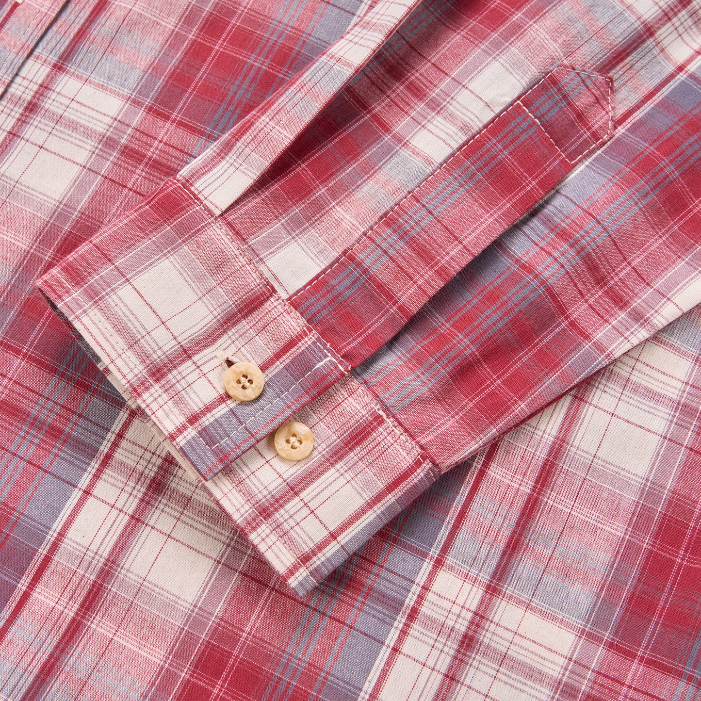 Men's Long Sleeve Checked Cotton Shirt - Red / Ecru