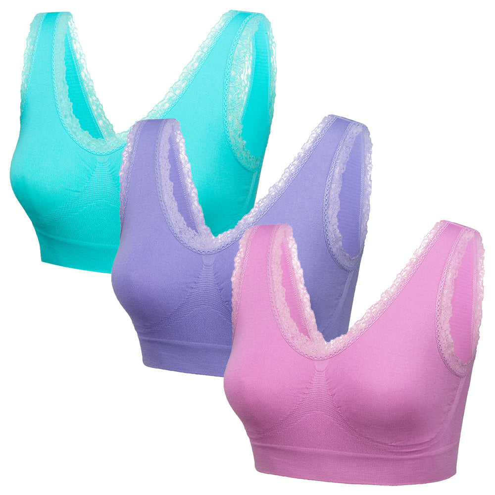 3 Pack Comfort Lace Trim Bras - Blu Apparel
