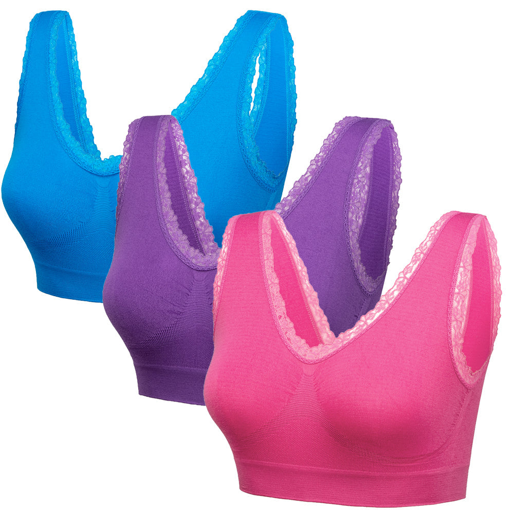3 Pack Comfort Lace Trim Bras - Blu Apparel