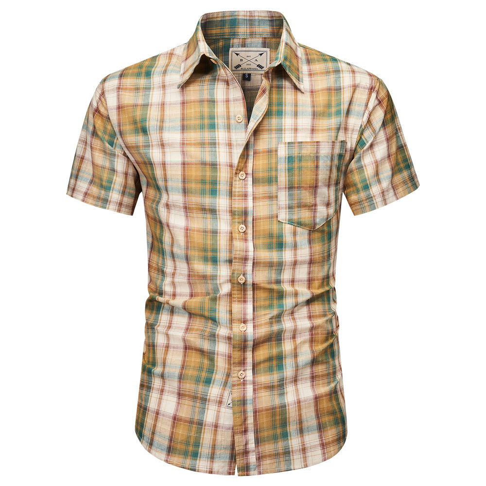 Men's Short Sleeve Checked Cotton Shirt - Red / Ecru