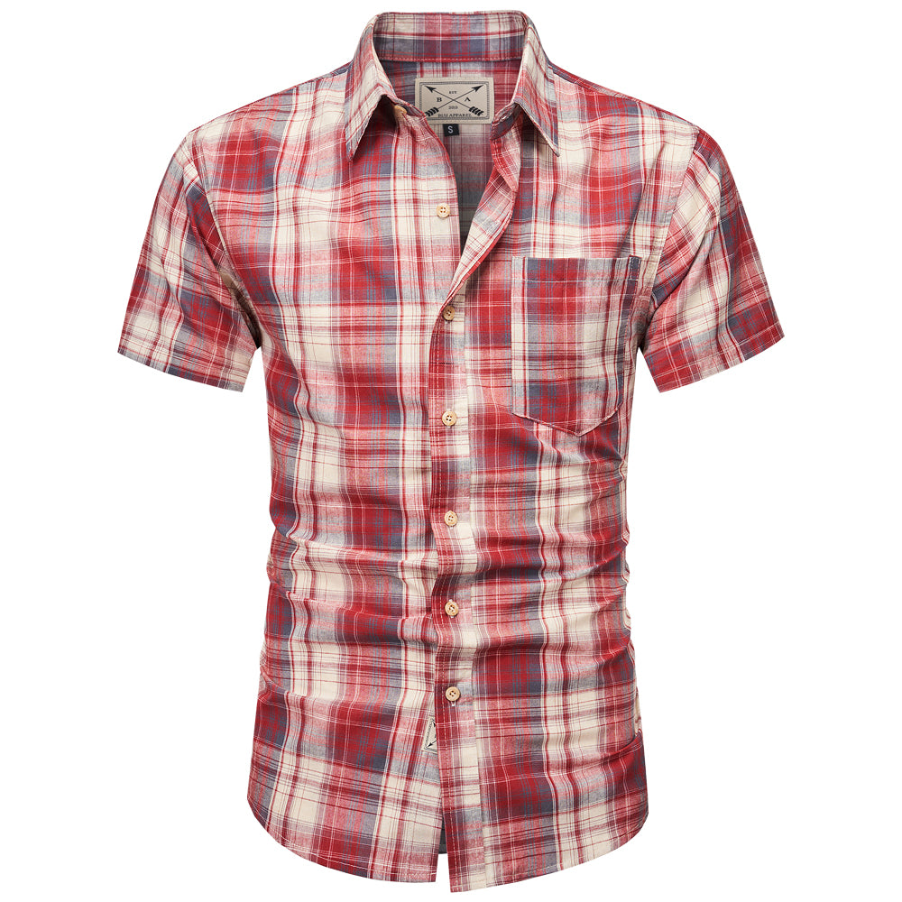 Men's Short Sleeve Checked Cotton Shirt - Red / Ecru