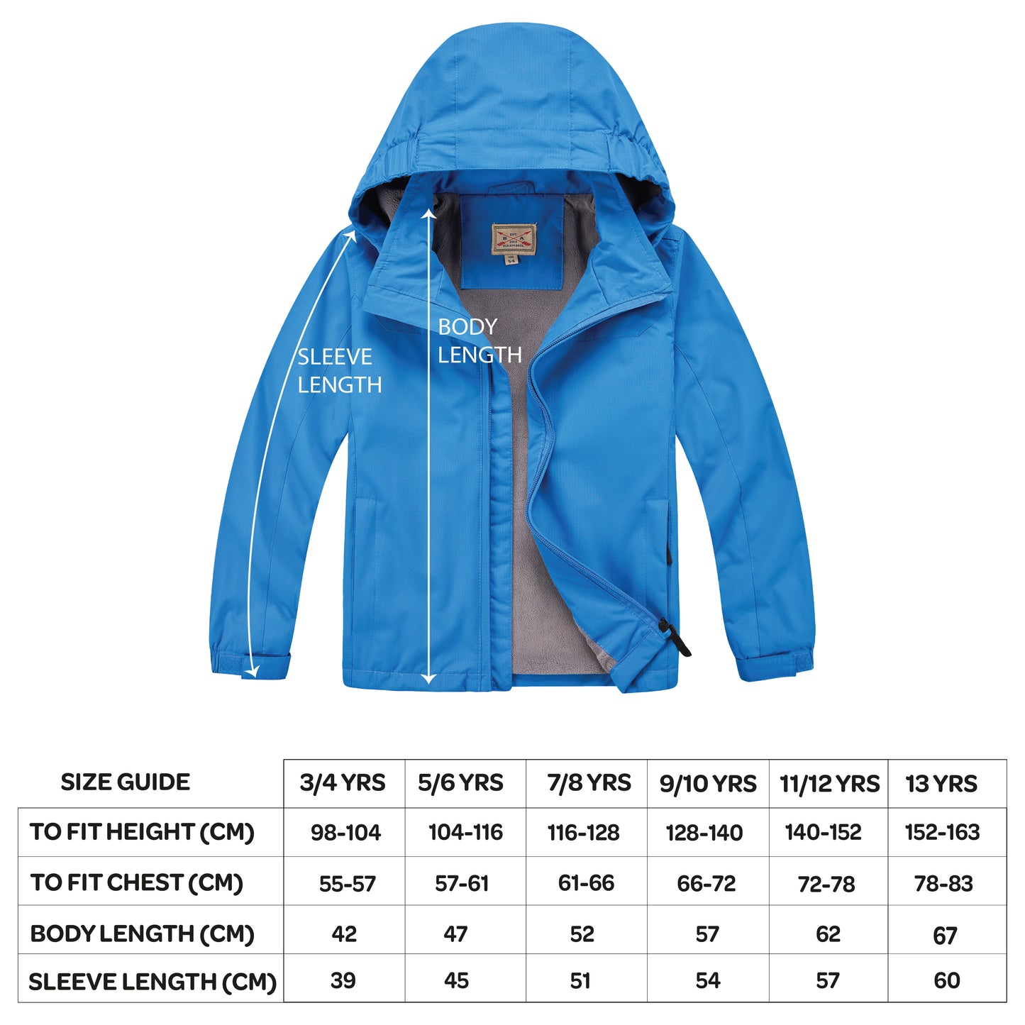 Kids Fleece Lined Waterproof Rain Jacket - Black