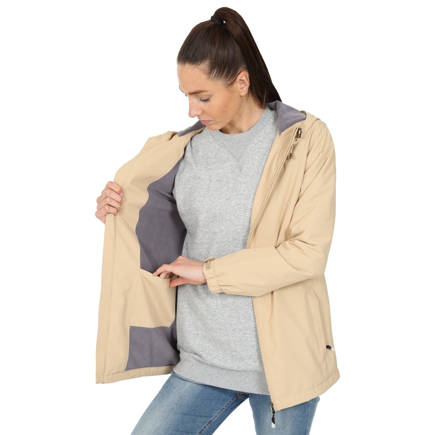 Ladies Fleece Lined Rain Jacket - Beige - Blu Apparel