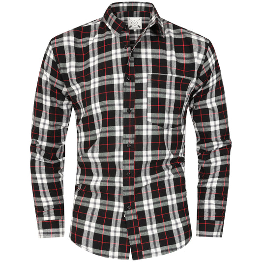 Men's Long Sleeve Checked Cotton Shirt - Black / Red
