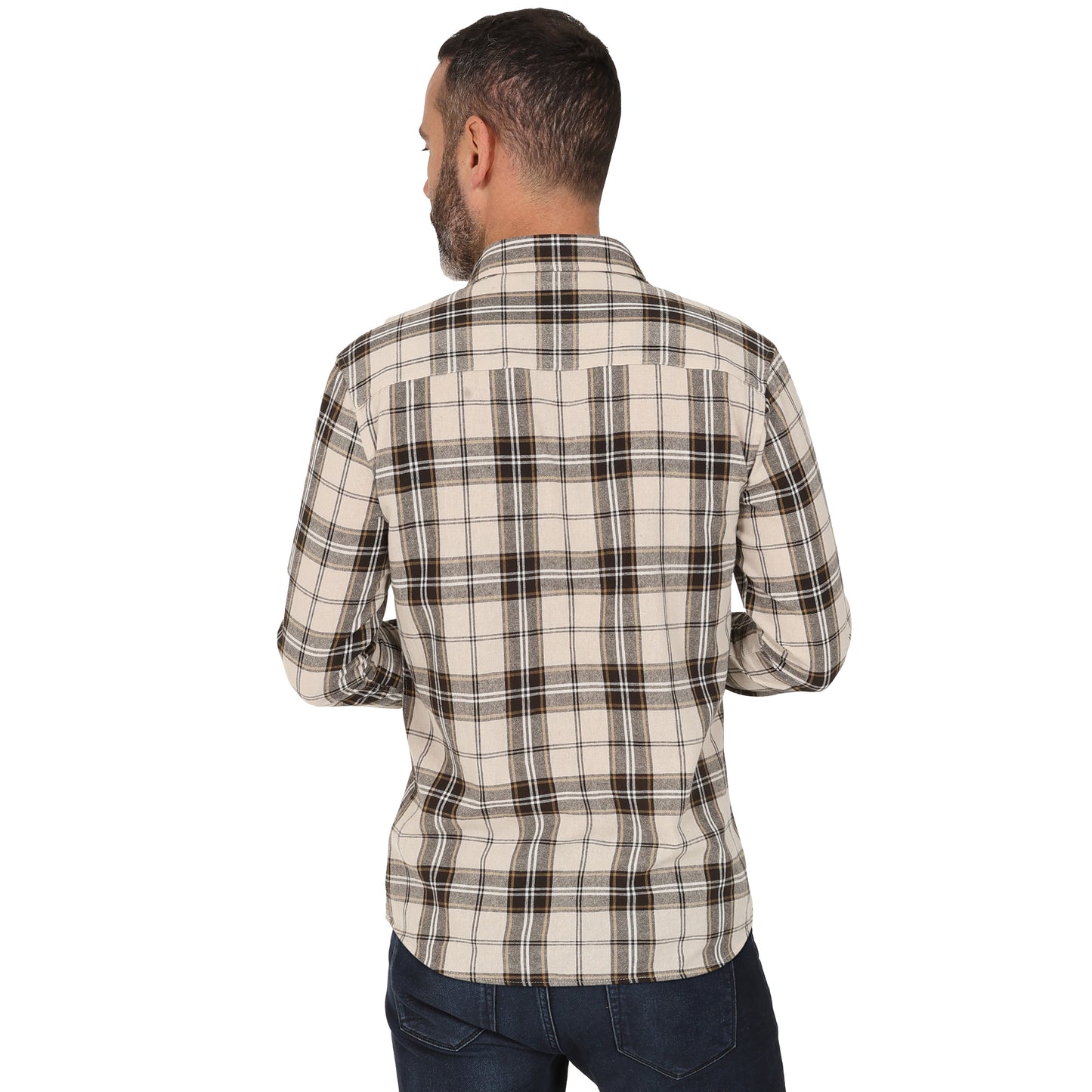 Men's Long Sleeve Checked Cotton Shirt - Brown / Beige