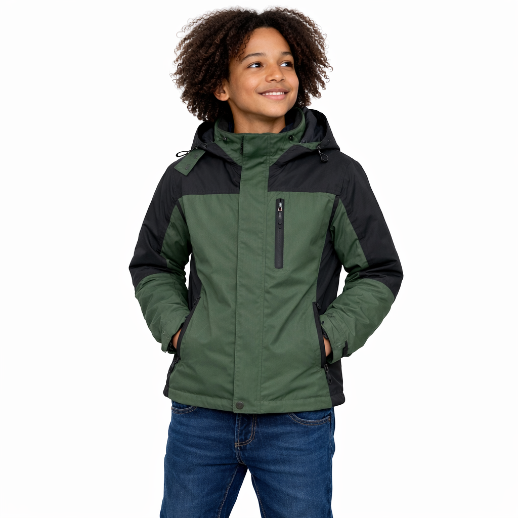Kids Contrast Panel Rain Jacket - Green