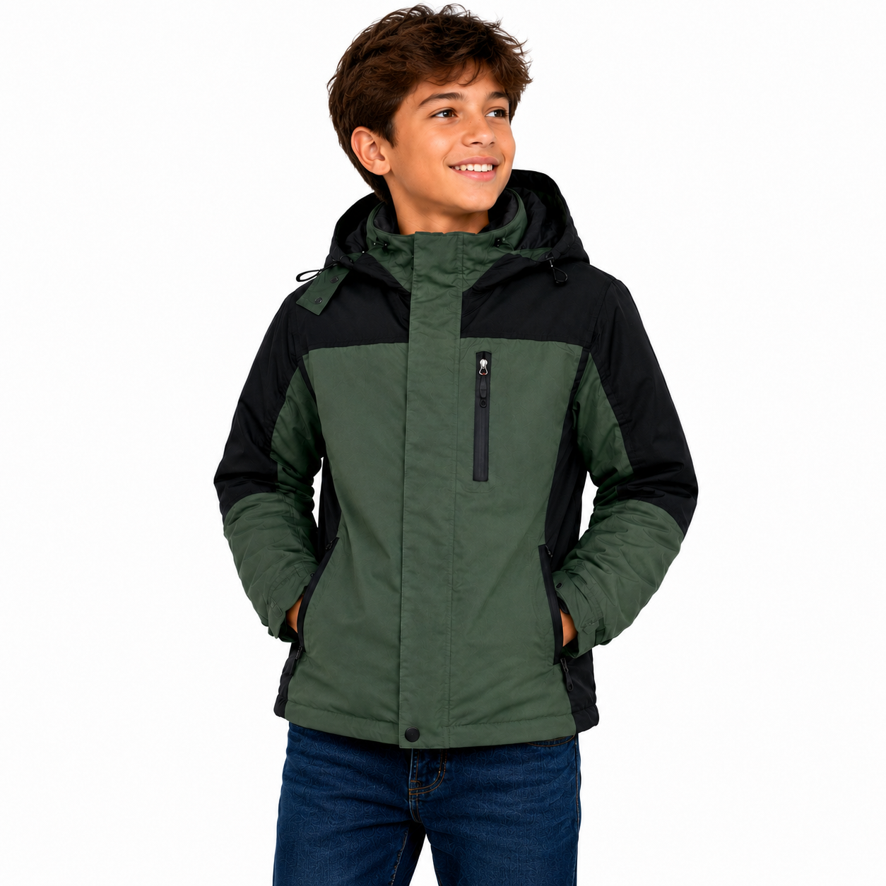 Kids Contrast Panel Rain Jacket - Green