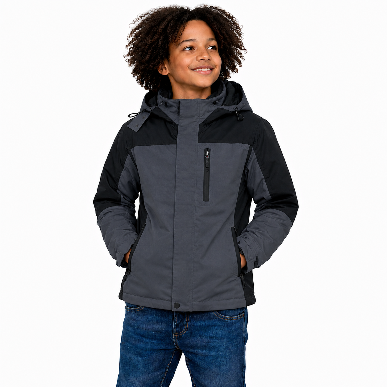 Kids Contrast Panel Rain Jacket - Charcoal