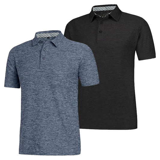 Men's Dry Fit Golf Polo - 2 Pack Black & Navy Marl