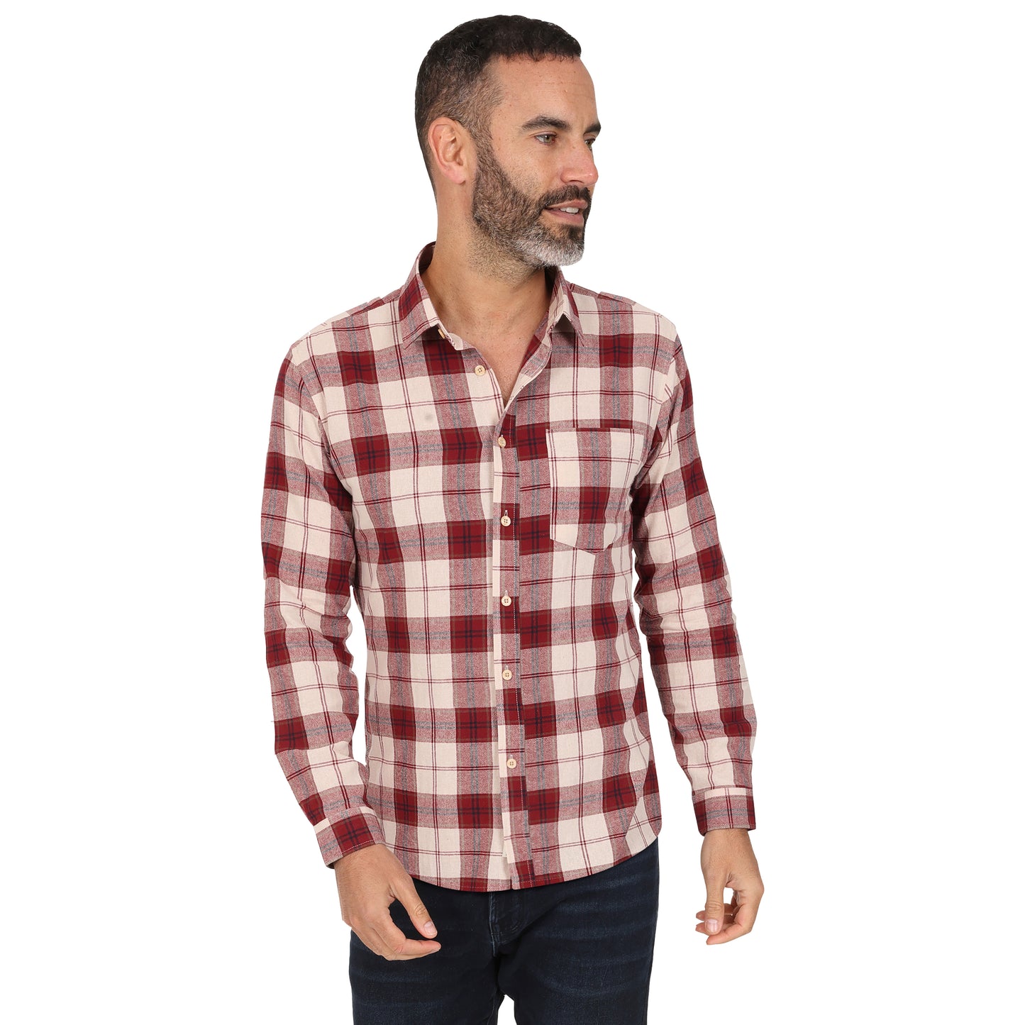 Men's Long Sleeve Checked Cotton Shirt - Red / Navy
