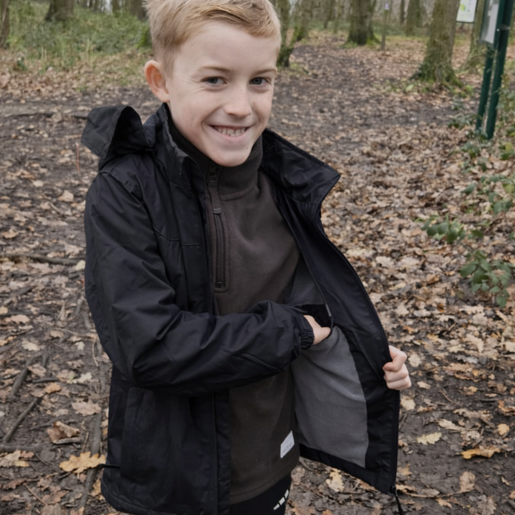 Kids Fleece Lined Waterproof Rain Jacket - Black