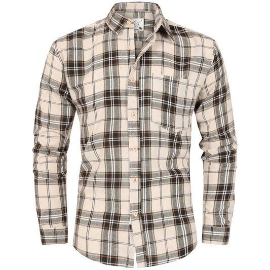 Men's Long Sleeve Checked Cotton Shirt - Brown / Beige