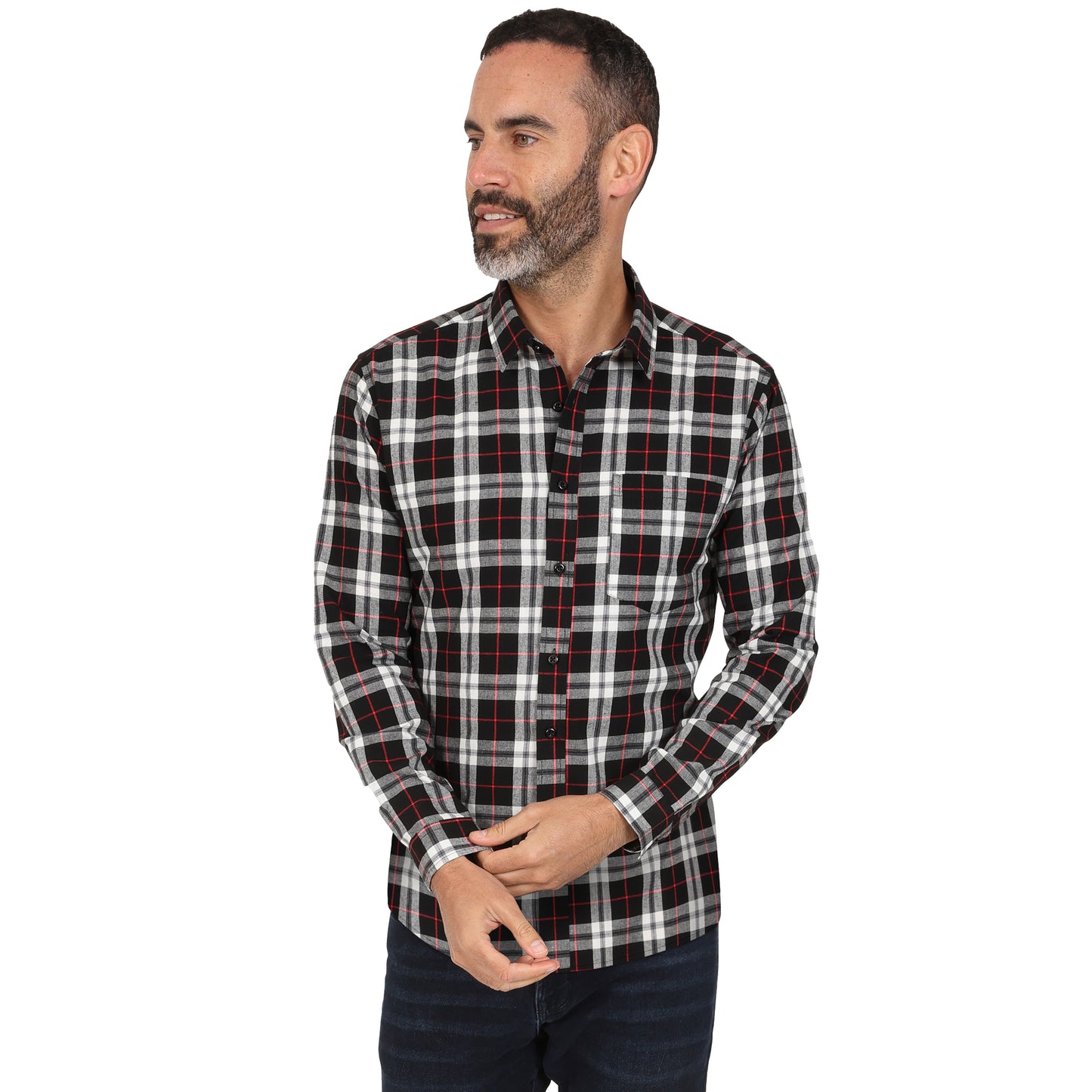 Men's Long Sleeve Checked Cotton Shirt - Red / Ecru