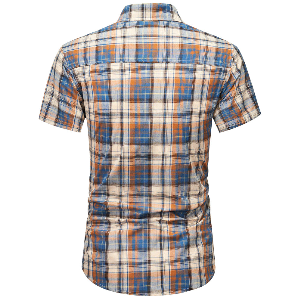 Men's Short Sleeve Checked Cotton Shirt - Blue / Tan
