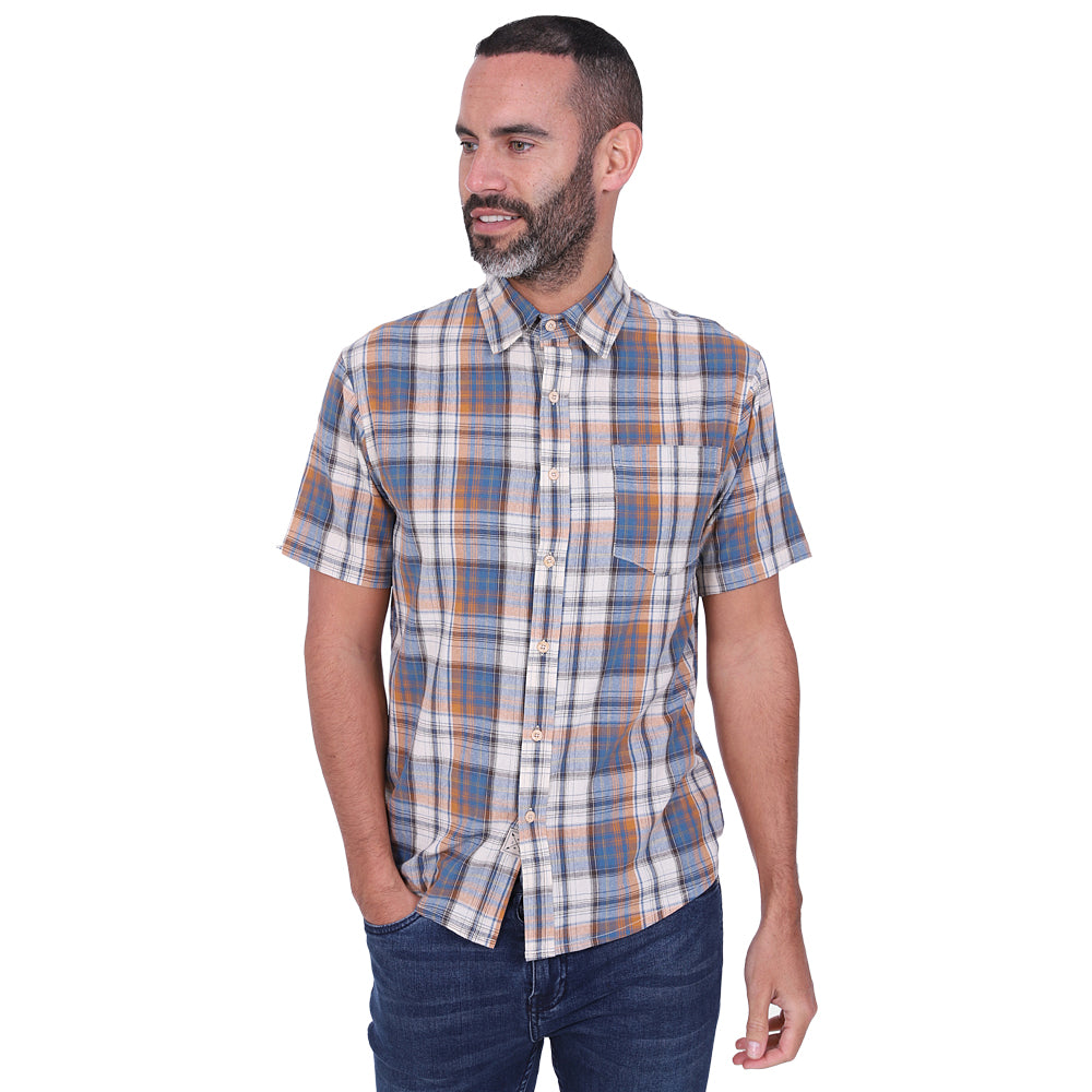 Men's Short Sleeve Checked Cotton Shirt - Blue / Tan