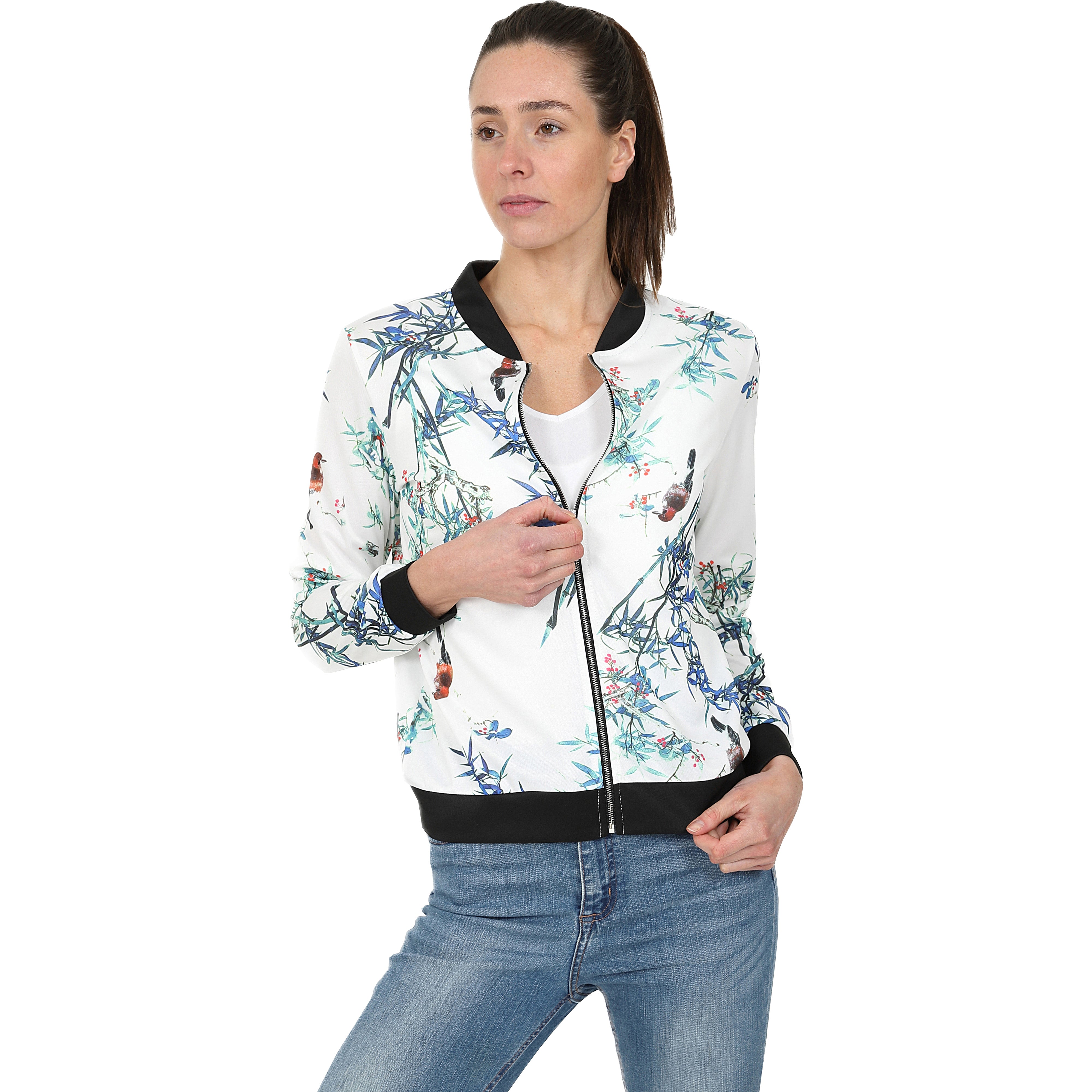 Ladies Floral Bomber Jacket Blu Apparel