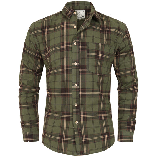 Men's Long Sleeve Checked Cotton Shirt - Green / Navy