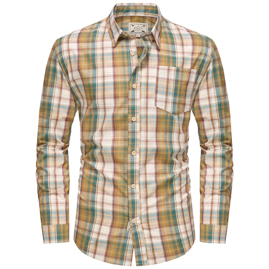 Men's Long Sleeve Checked Cotton Shirt - Green / Brown