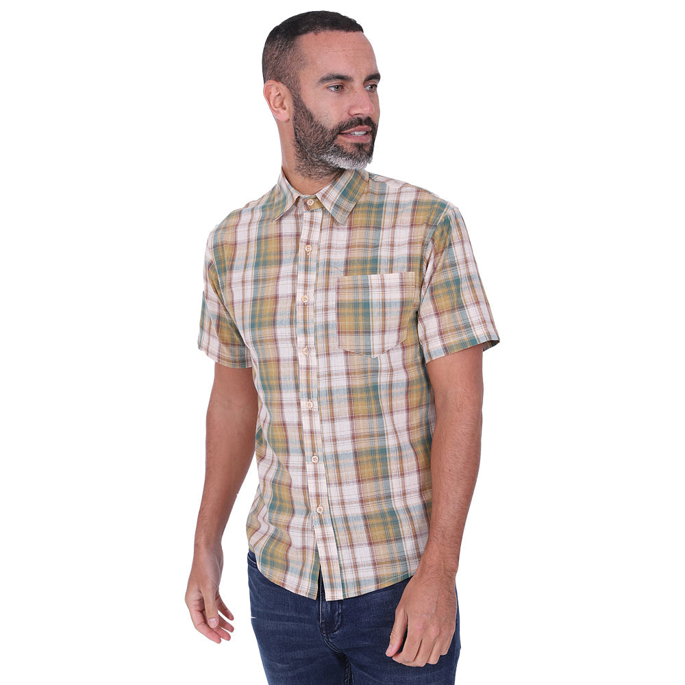 Men's Short Sleeve Checked Cotton Shirt - Blue / Tan
