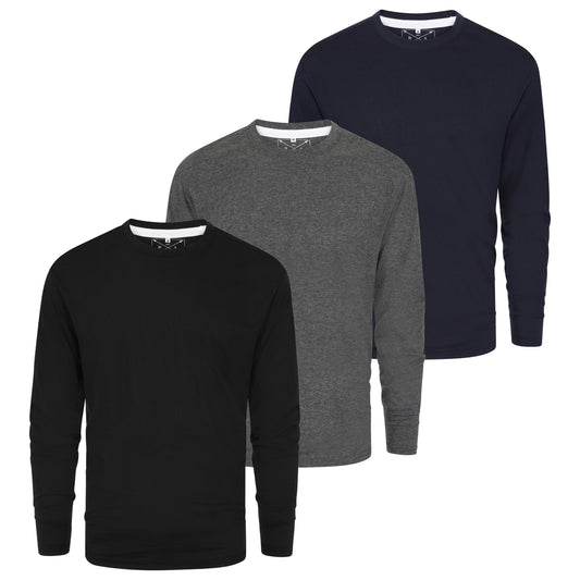 Men's 3 Pack Plain Long Sleeve Crew Neck T-Shirts