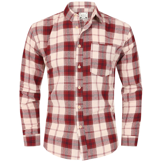 Men's Long Sleeve Checked Cotton Shirt - Red / Navy