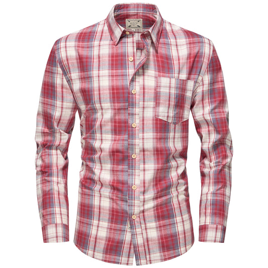 Men's Long Sleeve Checked Cotton Shirt - Red / Ecru