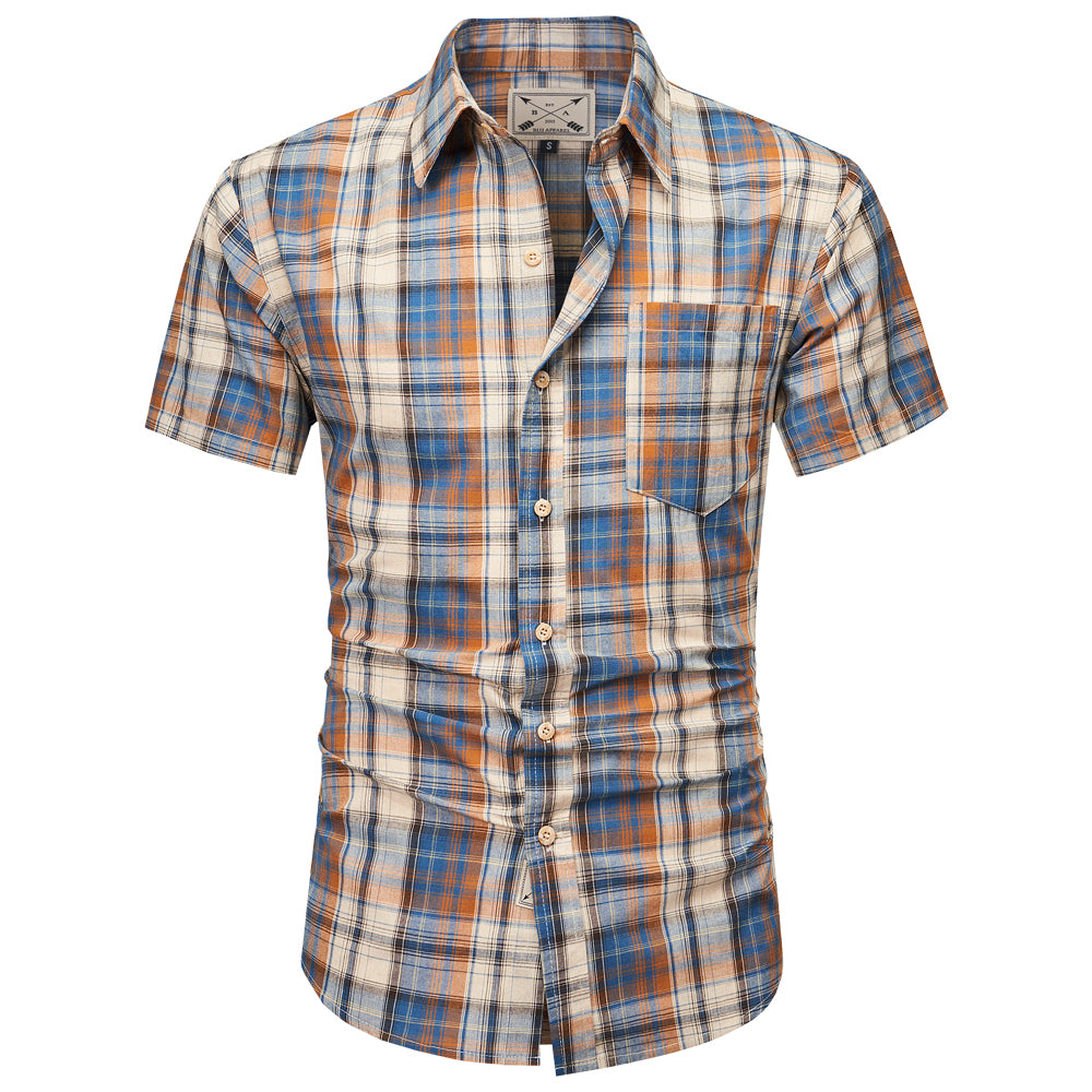 Men's Short Sleeve Checked Cotton Shirt - Red / Ecru
