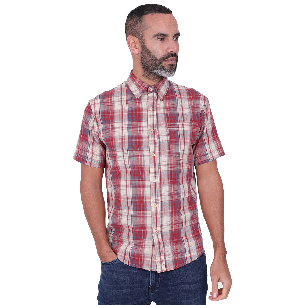 Men's Short Sleeve Checked Cotton Shirt - Red / Ecru